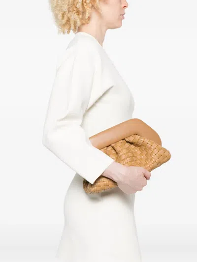 Themoirè Tia Clutch Bag In Biscuit With Woven Suede Motif And Shoulder Strap In Brown