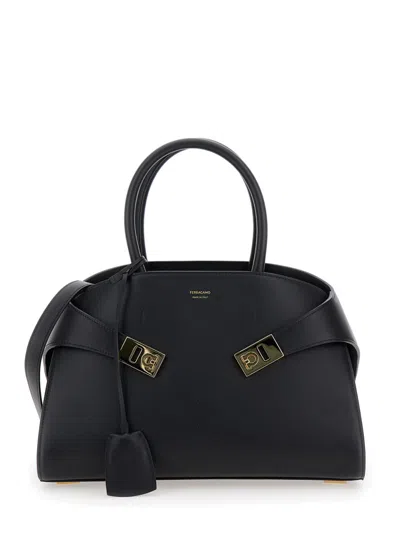 Ferragamo Hug M' Black Handbag With Logo And Gancini Buckle In Leather In Black