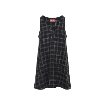 Diesel Mini Dress Checked Pattern Sleeveless V-neckline In Black