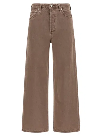 Agolde Wide Leg Denim Trousers With Front And Back Pockets In Brown