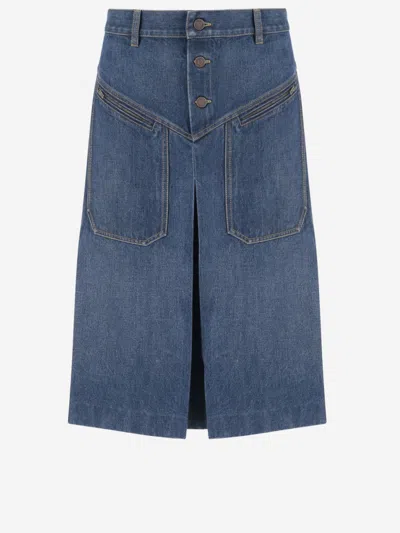 Chloé Button-front Denim Midi Skirt With Patch Pockets In Blue