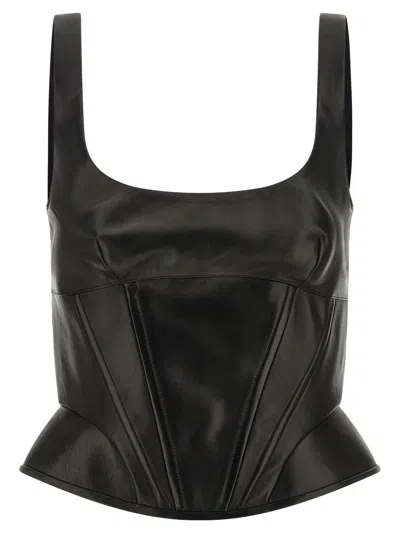 Ermanno Scervino Square Neckline Leather Top With Panel Detailing In Black