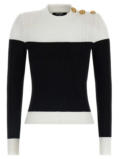 Balmain 3-button Twisted Knit Colorblock Top In Black