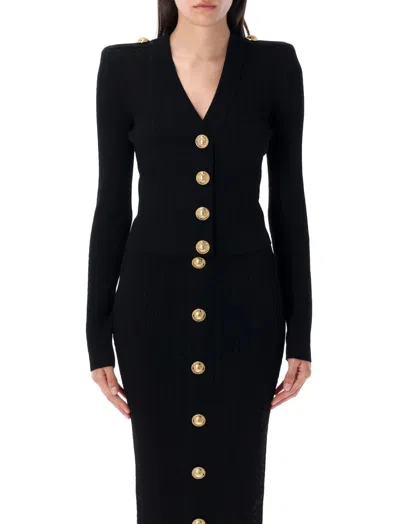 Balmain Long Sleeves Ribbed And Cable-knit Cardigan In Black