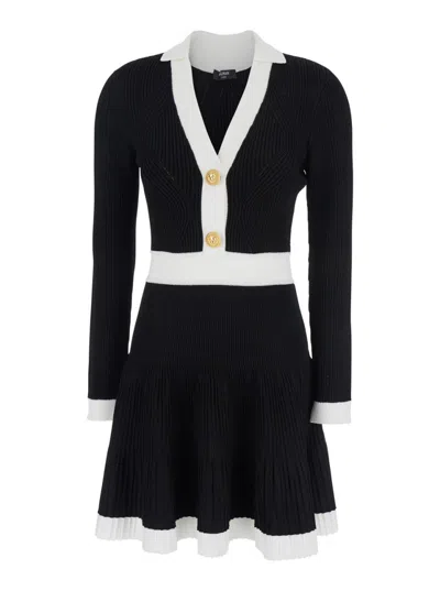 Balmain Long Sleeves V-neck Flare Knit Dress In Black