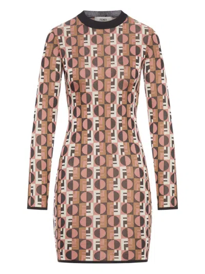 Fendi Optical Crew Neck Geometric Pattern Dress In Brown