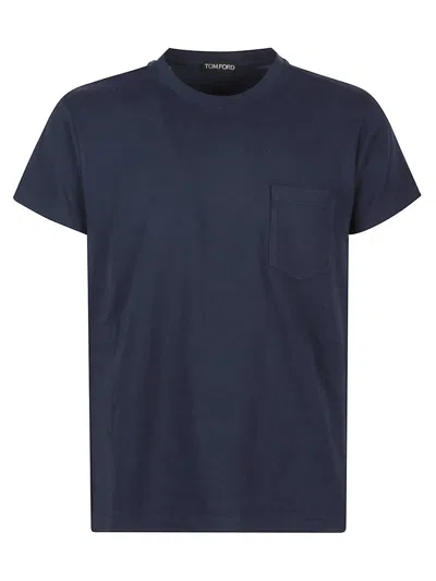 Tom Ford Indigo Blue Cotton T-shirt With Chest Pocket And Crew Neck