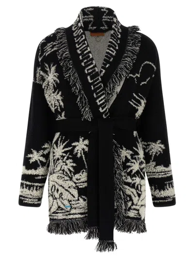 Alanui Black Cardigan With Tropical Pattern And Fringes In Black