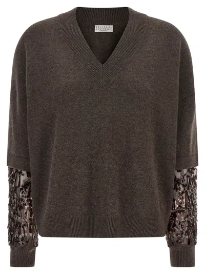 Brunello Cucinelli Brown Cashmere Embroidered Sweater In Brown