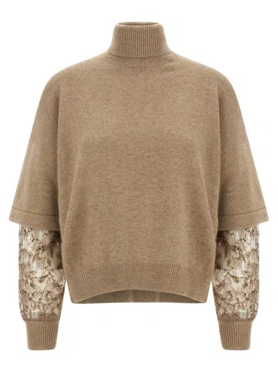 Brunello Cucinelli Cashmere Turtleneck Sweater With Sheer Sequined Sleeves In Brown