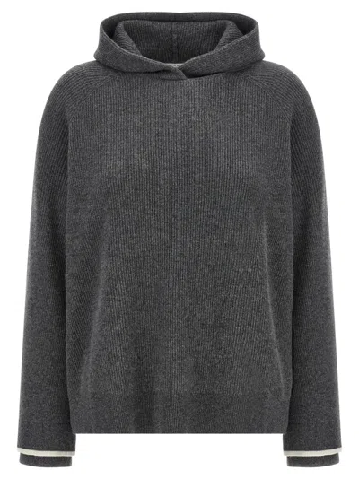 Brunello Cucinelli Ribbed Texture Hooded Sweater With Long Sleeves In Gray