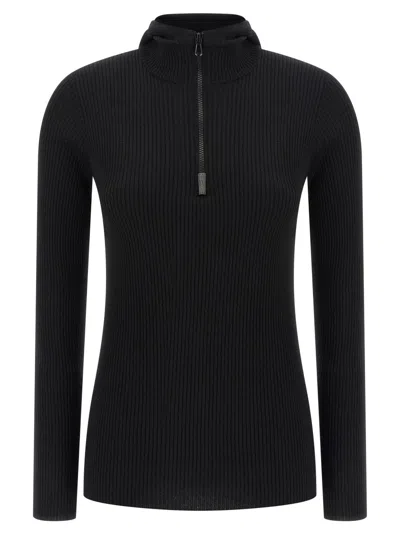 Brunello Cucinelli Knit Sweater Hood Ribbed Texture In Black