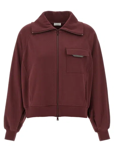 Brunello Cucinelli Collared Neck Sweatshirt With Shiny Flap Detail In Burgundy