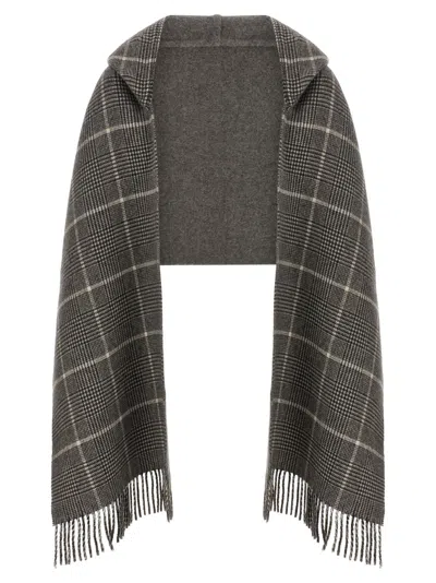 Brunello Cucinelli Checked Pattern Hooded Scarf With Fringed Edges In Gray