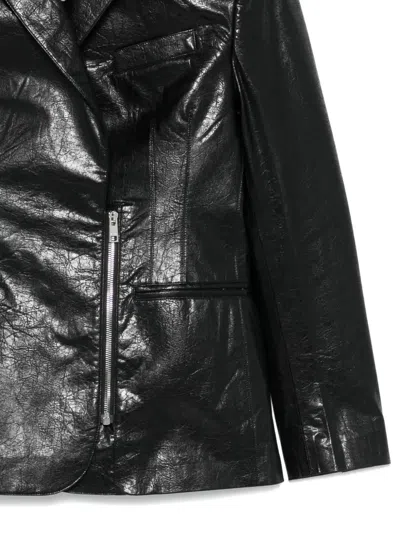 Msgm Structured Black Jacket With Glossy Finish And Notched Lapel In Black