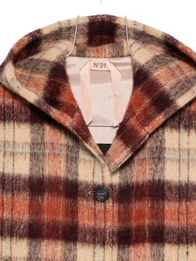 N°21 Checkered Overfit Coat With Hood And Dual Front Pockets In Brown