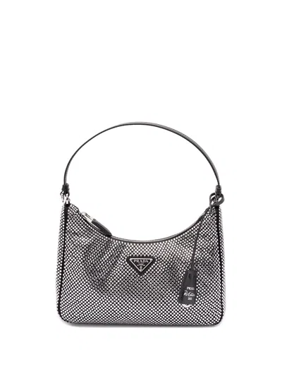 Prada Re-edition Mini Bag Aus Satin Mit Kristallen In Black