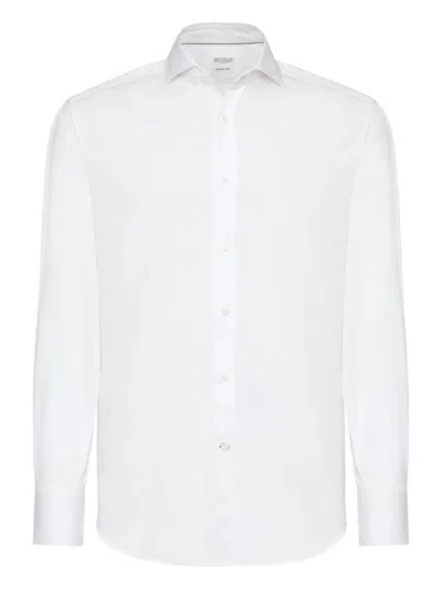 Brunello Cucinelli Men Basic Fit Twill Shirt With Button-down Collar In White