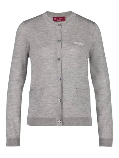 Gucci Grey Cardigan With Round Neck And Logo Lettering Embroidery On The Front In Cashmere And Silk Woman In Gray
