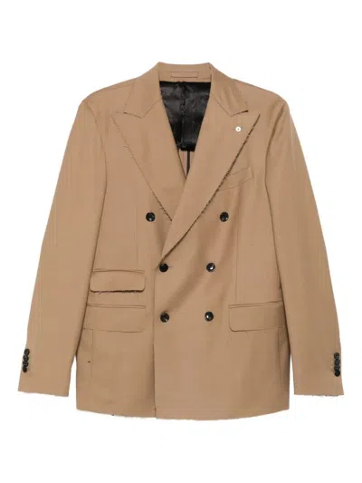 L.b.m 1911 Double-breasted Frayed-edge Blazer In Brown