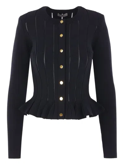 Elisabetta Franchi Tricot Pattern Sweater With Padded Shoulder Straps And Embroidered Hem In Black