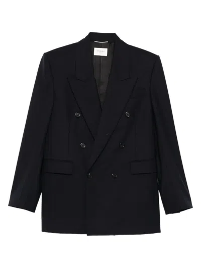 Saint Laurent Double-breasted Blazer In Silk Satin Crepon In Black