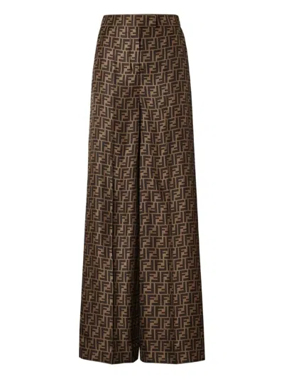 Fendi Ff Silk Twill Wide Leg Trousers In Brown