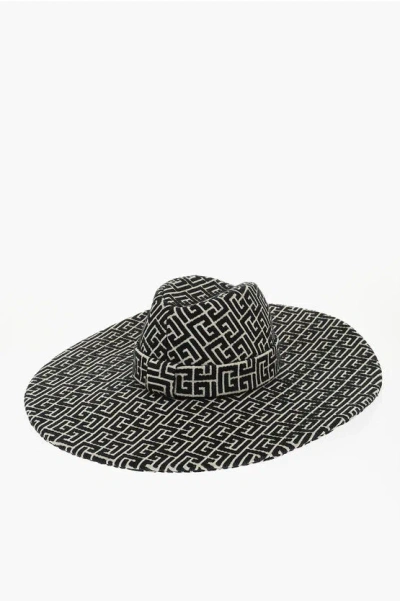 Balmain Two-tone Floppy Hat With All-over Monogram In Black