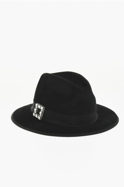 Roger Vivier Solid Color Wool Felt Tres Viver Fedora Hat With Rhinestones In Black