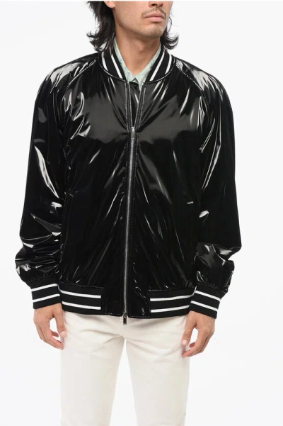 Alexander Mcqueen Solid Color Bomber Jacket With Shine Finish And Striped Edge In Black