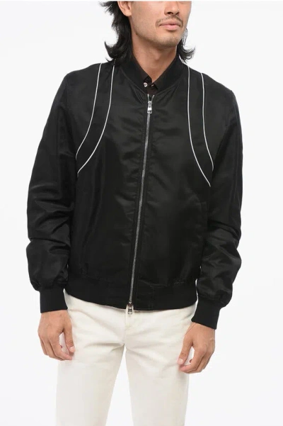 Alexander Mcqueen Solid Color Nylon Bomber Jacket With Contrasting Details In Black