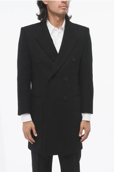 Saint Laurent Double-breasted Wool Coat With Peak Lapels And Padded Shoulders In Black