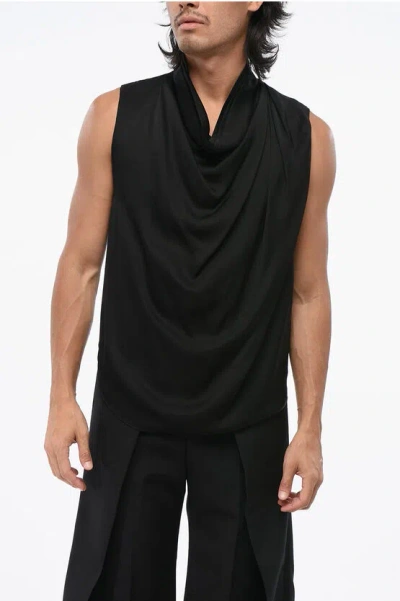 Saint Laurent Solid Color Silk Cowl-neck Tank Top In Black