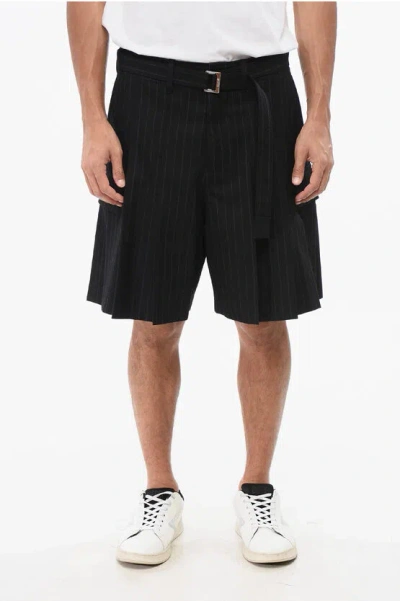 Sacai Chalk Stripe Wool Bermuda Shorts With Belt And Pleats In Black