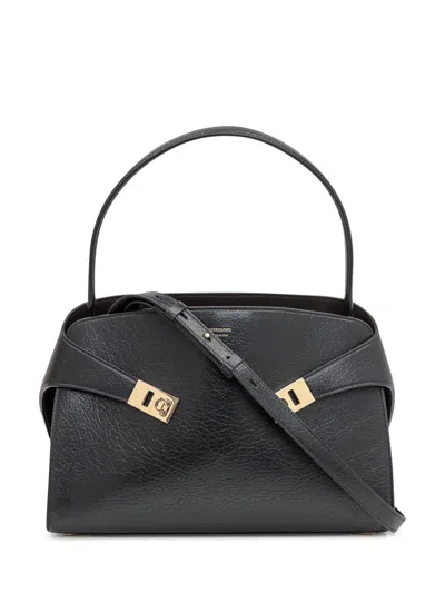 Ferragamo Hug Black Shoulder Bag With Logo Print On The Front In Leather Woman In Multi