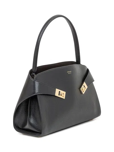 Ferragamo Hug Black Shoulder Bag With Logo Print On The Front In Leather Woman In Multi