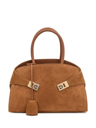 Ferragamo Hug S Beige Handbag With Logo And Gancini Buckle In Leather Woman In Brown