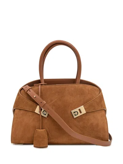 Ferragamo Hug S Beige Handbag With Logo And Gancini Buckle In Leather Woman In Brown