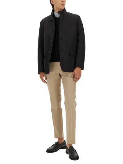 Fay High Collar Jacket With Unique Hook Closure And Flap Pockets In Black