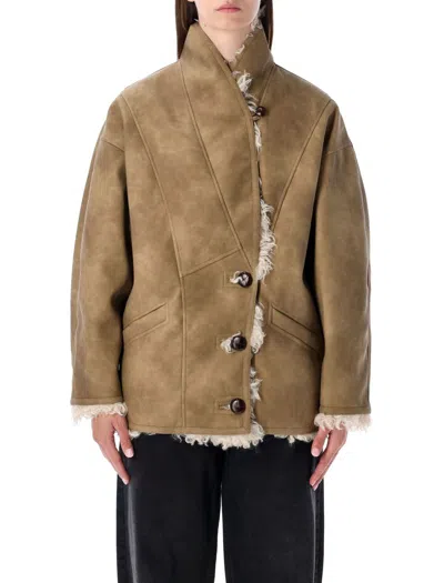 Isabel Marant Étoile Isabel Marant Etoile Women Beige Shearling Coat With High Collar And Button Closure In Leather And F In Green