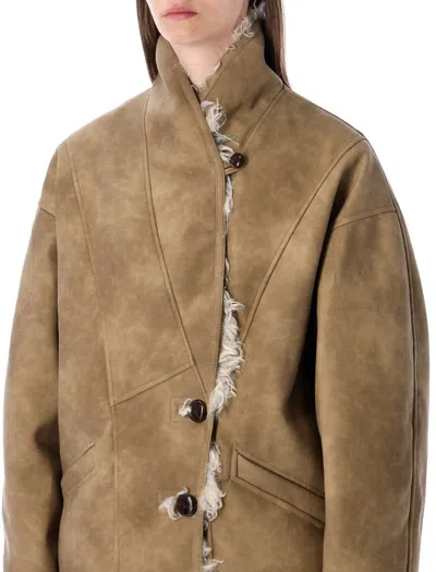 Isabel Marant Étoile Isabel Marant Etoile Women Beige Shearling Coat With High Collar And Button Closure In Leather And F In Green