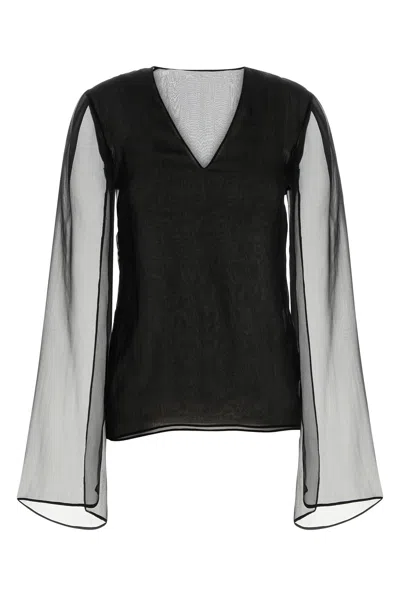 Alberta Ferretti Sheer-sleeve Silk Blouse In Black