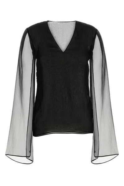 Alberta Ferretti Sheer-sleeve Silk Blouse In Black