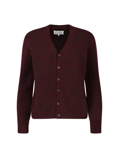 Maison Margiela Washed Wool Knit Cardigan In Burgundy