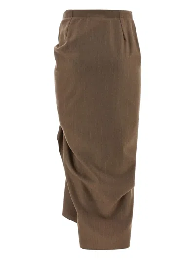 Fabiana Filippi Pinstriped Virgin Wool Midi Skirt With Draping In Brown