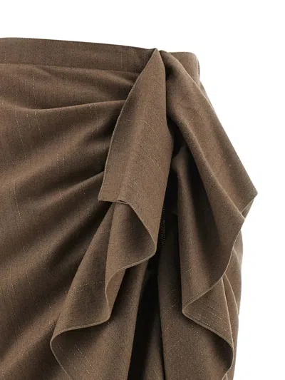 Fabiana Filippi Pinstriped Virgin Wool Midi Skirt With Draping In Brown