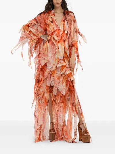 Roberto Cavalli Feather-effect Patterned Maxi Dress In Orange