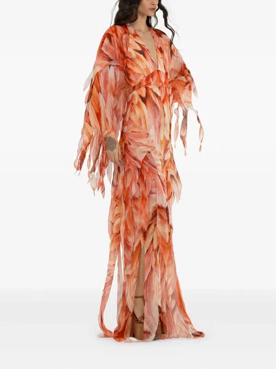 Roberto Cavalli Feather-effect Patterned Maxi Dress In Orange