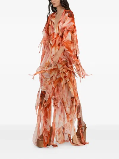 Roberto Cavalli Feather-effect Patterned Maxi Dress In Orange