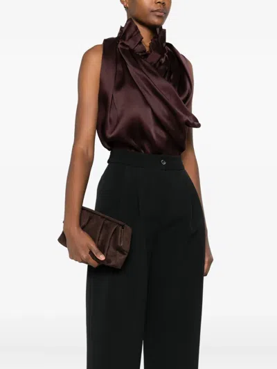 Themoirè Eco Suede Pleated Clutch Bag In Brown